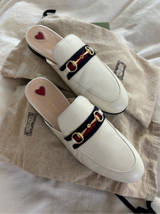 Gucci Shoes - Gucci White Leather Mule Loafers with Red & Navy Web and Gold Horsebit
